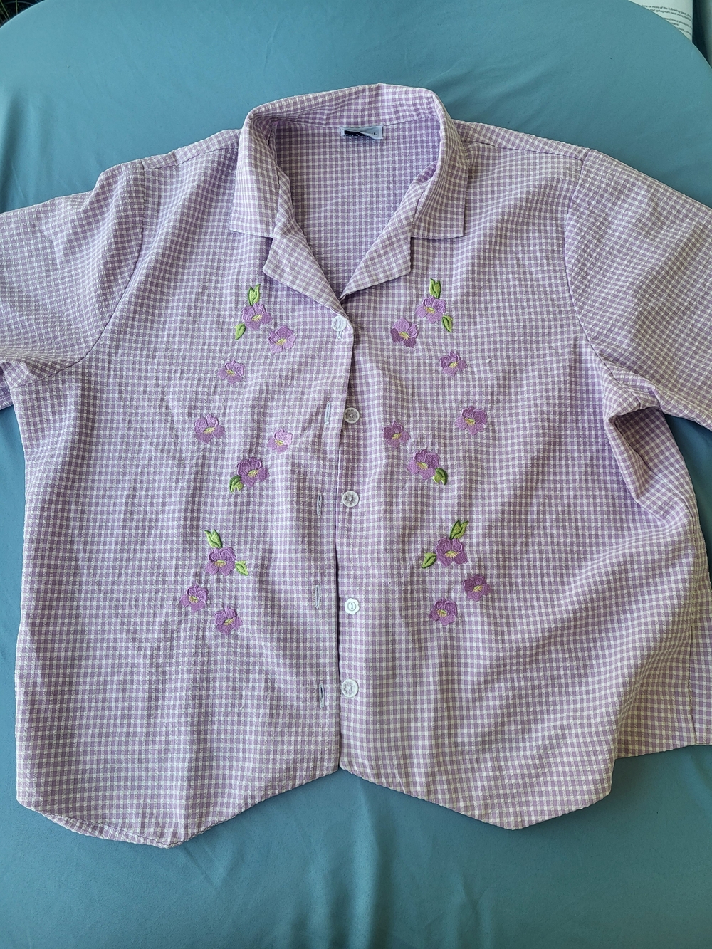 BonWorth Lilac Gingham Embroidered Button-Front Blouse